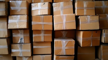 Industrial-style stacked shipping boxes on a warehouse background. 