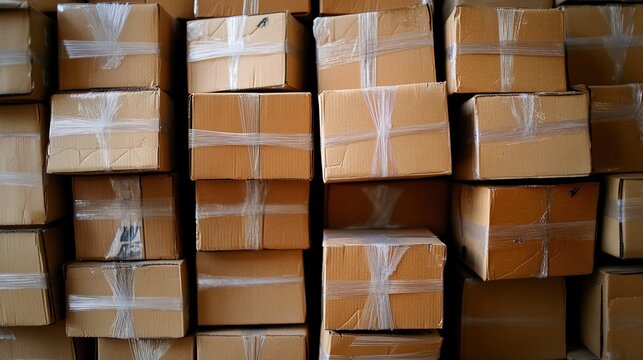 Industrial-style stacked shipping boxes on a warehouse background. 