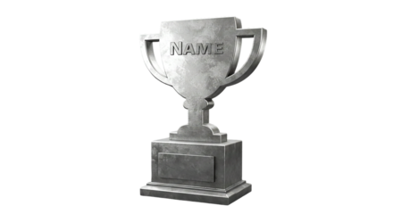 A silver trophy with the word name on it against a black background in a studio setting shot well