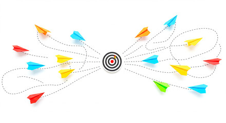 Colorful paper airplanes flying towards a target on a white background showing competition concept
