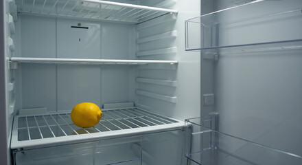 Single lemon inside nearly empty refrigerator on white wire shelf. Food scarcity concept for economic hardship and nutrition insecurity in low-income households