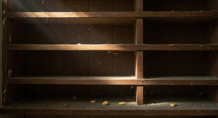 Empty wooden shelves with cobwebs and few bread crumbs in abandoned cupboard. Poverty and food insecurity concept showing economic hardship and resource scarcity