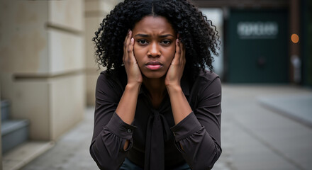 African American woman with stressed expression holding face in hands on urban street with buildings. Anxiety disorder moment showing mental health struggles and emotional crisis in public spaces