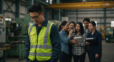 Young asian man in safety vest standing isolated from laughing coworkers in manufacturing facility. Workplace bullying and social exclusion affecting employee mental health and team dynamics