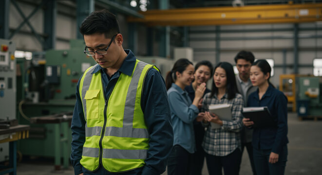 Young asian man in safety vest standing isolated from laughing coworkers in manufacturing facility. Workplace bullying and social exclusion affecting employee mental health and team dynamics