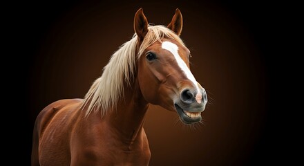 Fototapeta premium Smiling Brown Horse Portrait Against Dark Background