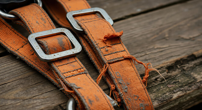 Worn orange safety harness straps with metal buckles on wooden surface. Old equipment for height work protection showing signs of wear and tear requiring replacement for construction safety compliance