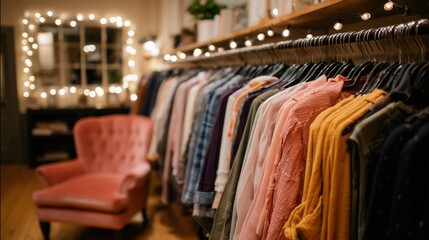 Warm, inviting boutique scene featuring colorful clothes on hangers, a plush pink chair, and ambient fairy lights.