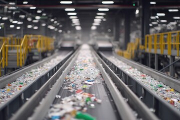 Recycling plant conveyor belts filled with plastic waste