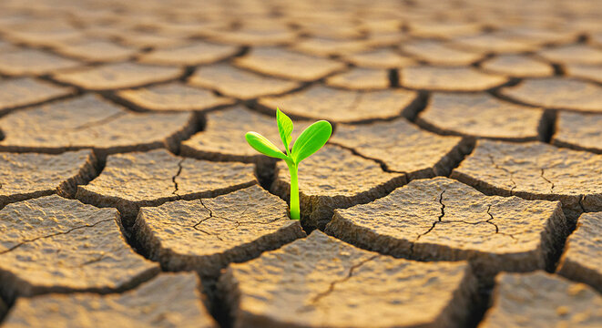 A small green plant growing through cracked dry earth in a barren landscape showing resilience - Powered by Adobe