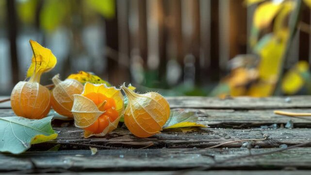 physalis fruits on a wooden table. Selective focus