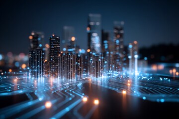 Fototapeta premium Nighttime city skyline with smart technology data overlay