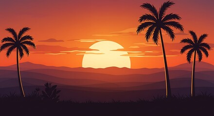 Sunset Scenery with Palm Trees Silhouette and Orange Sky