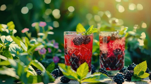 cool blackberry cocktail on the table. Selective focus