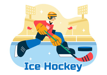 Ice Hockey Player Sport Vector Illustration featuring a Helmet, Stick, Puck, and Skates on an Ice Surface for Game or Championship in a Background