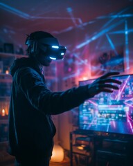 Person actively playing a virtual reality game wearing a VR headset