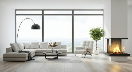 Fototapeta premium modern, living room, interior, Modern Living Room with Fireplace and Panoramic View