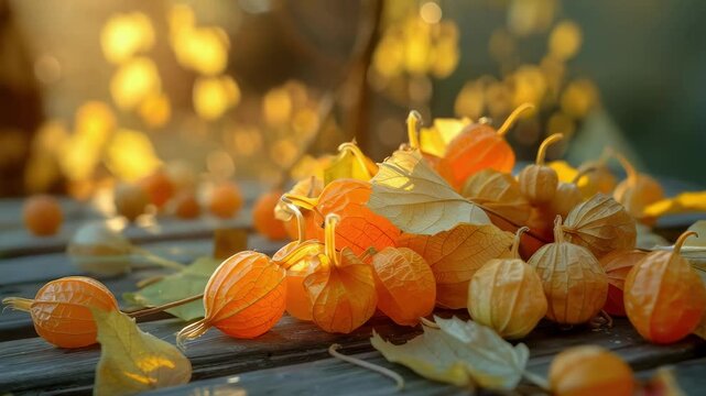 physalis fruits on a wooden table. Selective focus