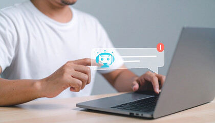 Customer using online service with chat bot to get support; notification for e-mail and message