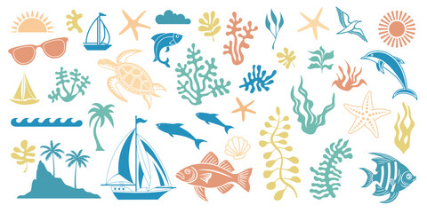 Elements of marine design, sea and summer vacation, drawing isolated on a white background, vector illustration