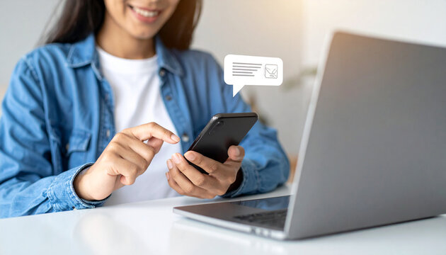 Customer using online service with chat bot to get support; notification for e-mail and message