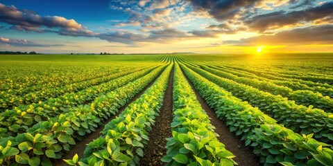 Field of endless rows of soybean plants with lush green sprouts and yellow petals swaying in the summer breeze , vast fields, green fields