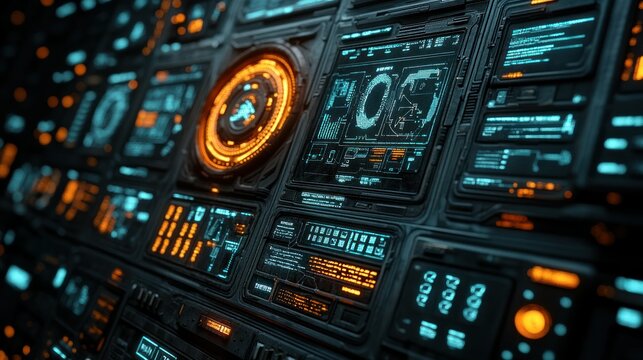 Futuristic cockpit dashboard with glowing displays