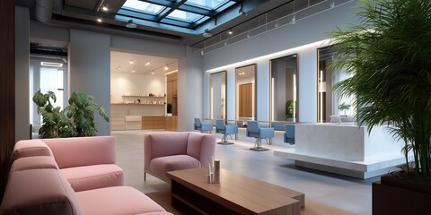 A salon with a pink couch and a potted plant. The salon has a modern and inviting atmosphere