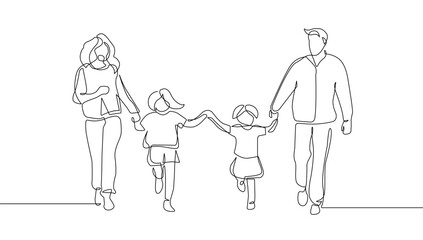 Parents Walking with Two Children One Line Vector Illustration. Mother, Father and Children Continuous Single Line Drawing. Happy Family with Hand Drawn Contour Silhouette Outline Style