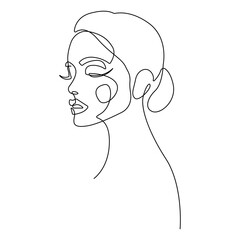 Continuous Line Drawing of Abstract Female Head. Beauty Vector Concept for Minimalist Design. Woman Portrait Creative Continuous One Line Art Drawing.