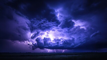 Obraz premium Majestic Stormy Sky with Lightning and Dark Clouds Over Fields at Night