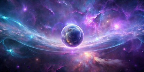Fototapeta premium Ethereal Orb Suspended Amidst Swirling Purple Nebulas, Aetherial Energy