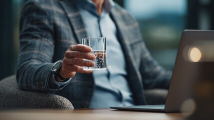 Businessman holding a glass of water while working on a laptop in an office environment.