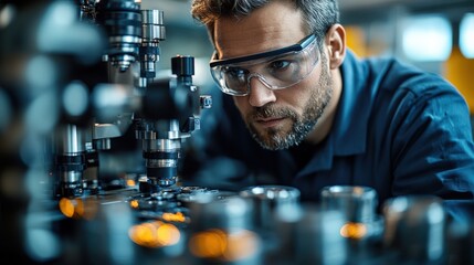 Focused technician analyzing precision machinery components in industrial setting