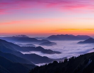 Stunning Pink and Purple Sunrise Over Foggy Mountain Range Landscape