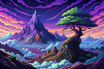 View of Lone Tree on a Cloud Shrouded Mountaintop at Sunset cartoon