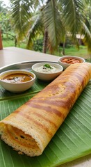Delicious dosa on a green leaf plate with various sauces and condiments