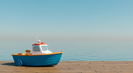 Fototapeta premium toy boat, toy ship, wooden dock, Toy Boat on Wooden Dock by Calm Ocean