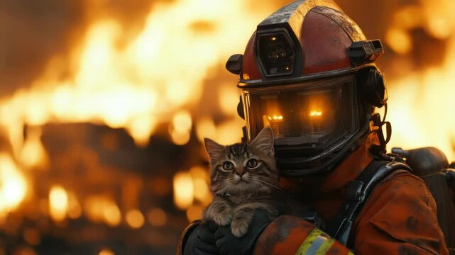 Futuristic robot saving a small kitten from a fire, symbolizing artificial intelligence in emergency rescue. Advanced robotics ensuring safety and protection in disaster scenarios