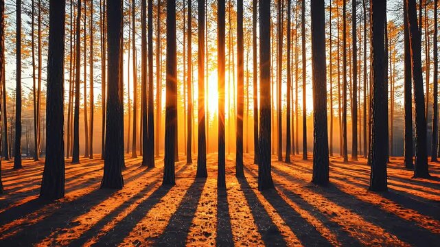 Sunset light filtering through autumn forest trees in the woods. Warm sunset light casting long shadows in forest, autumn break vibes, cinematic seasonal light