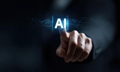 Close-up of a hand interacting with virtual AI interface, symbolizing artificial intelligence innovation.