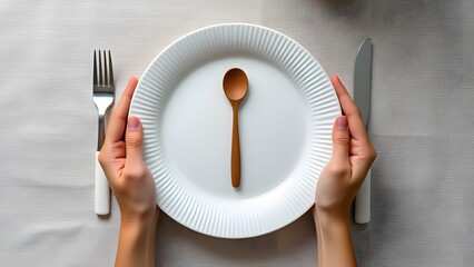 Overhead View of Hands Holding Plate with Wooden Spoon, Minimalist Table Setting