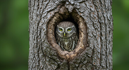 little owl,  owl,  Athene noctua, Little Owl Peeking from Tree Hollow