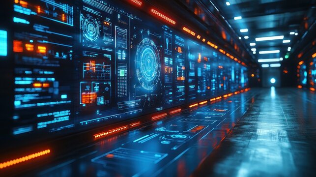 Futuristic control room with interactive displays