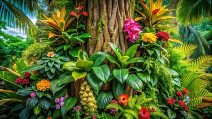 Fototapeta premium Dense cluster of vibrant green leaves and colorful flowers surrounded by lush tropical foliage on a sturdy tree trunk , nature scenery, flowering trees