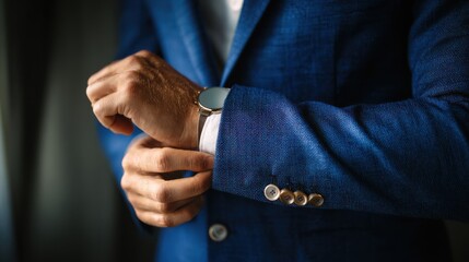 Close-up of a person adjusting a sleek watch while wearing a formal blue suit in a business setting.