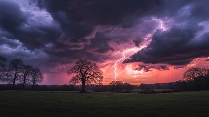 Dramatic lightning strikes a dark sky with vibrant colors. A solitary tree stands tall against a stunning sunset backdrop.