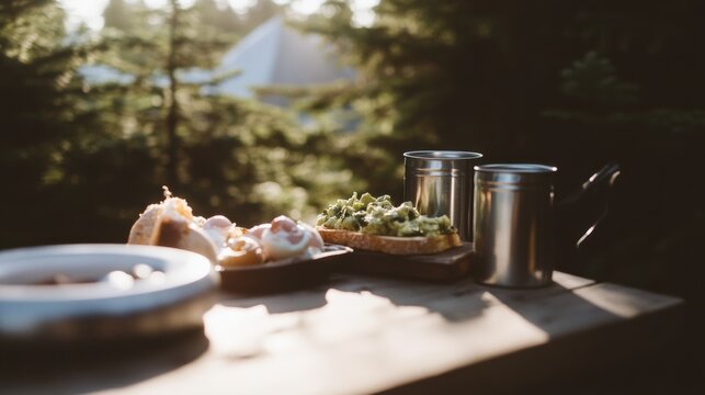 Enjoying breakfast at a summer campsite with scrambled eggs, avocado toast, and coffee surrounded by nature