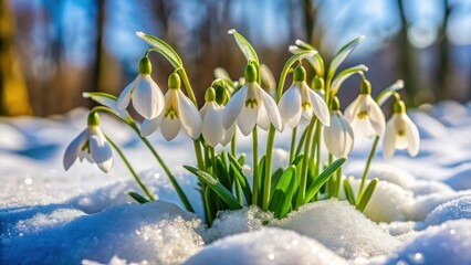 A cluster of small, star-shaped snowdrops pushing through the powdery white snow, their beauty a stark contrast to the cold and darkness, snow covered trees, blooming flowers in winter