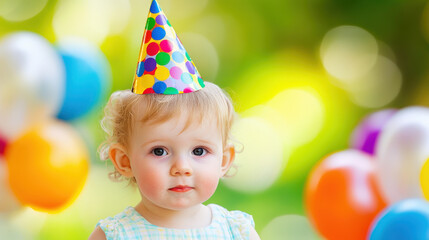 Colorful balloons surround a happy smiling little girl at a sunny park birthday party, with dedicated space for titles and child's name, Children's Day-appropriate design featuring soft tones, bokeh e